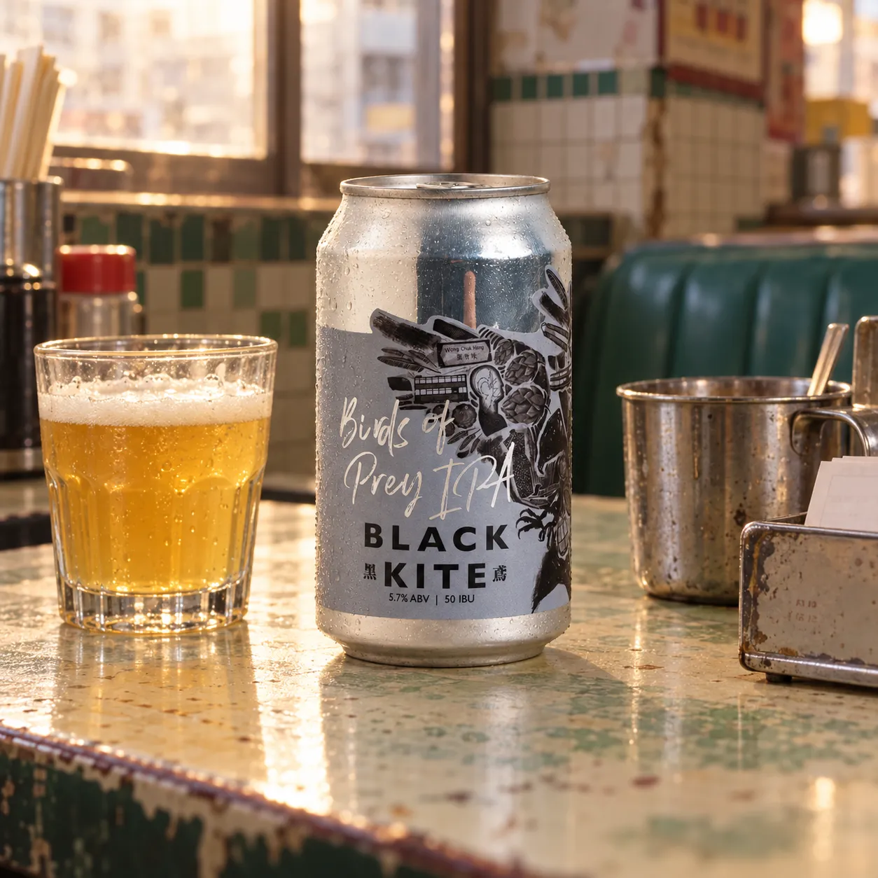 Black Kite Birds of Prey IPA served on a worn table in a real Hong Kong cha chaan teng