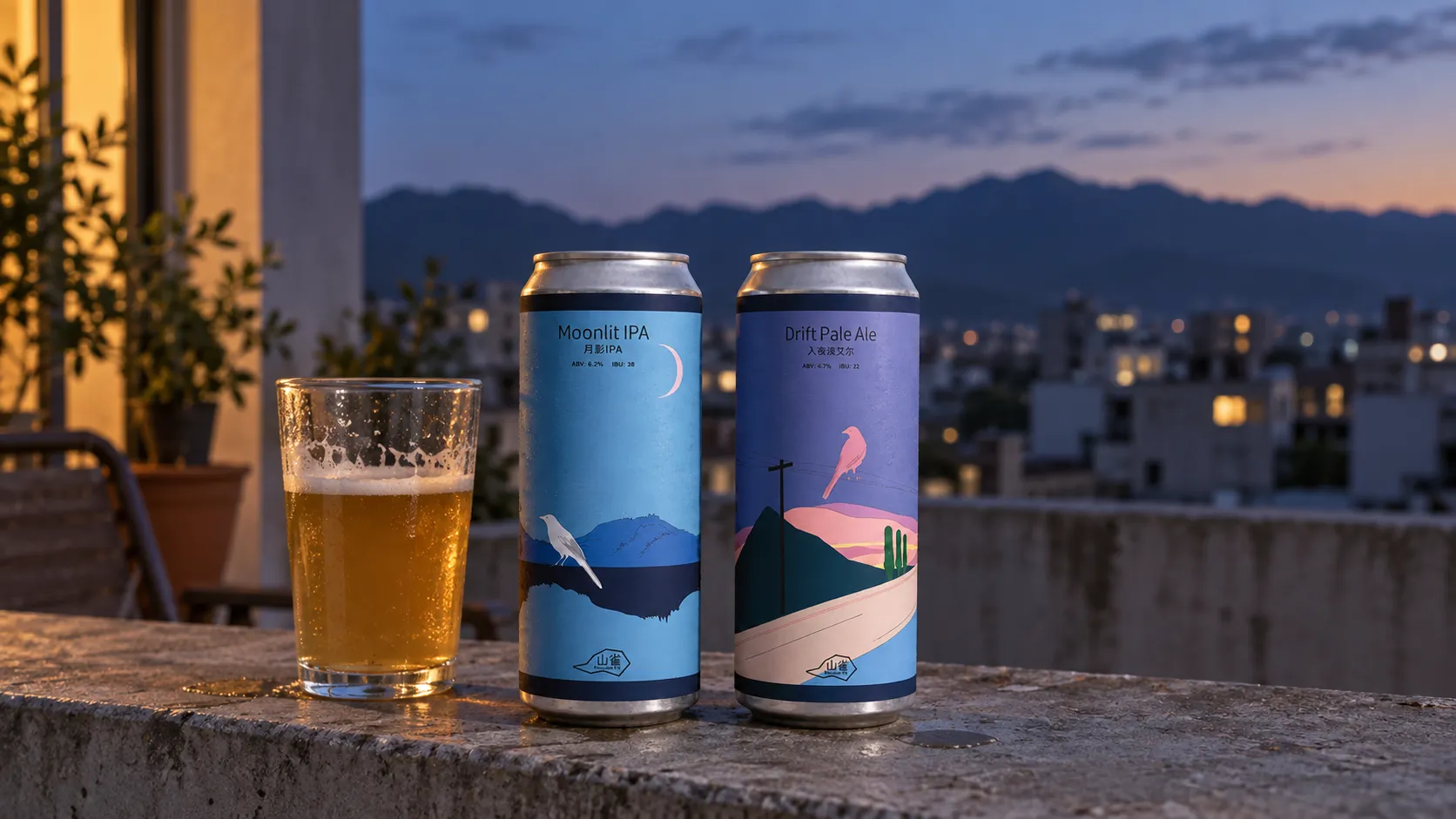 Complete Moonlit IPA and Drift Pale Ale cans served on a weathered city rooftop at blue hour