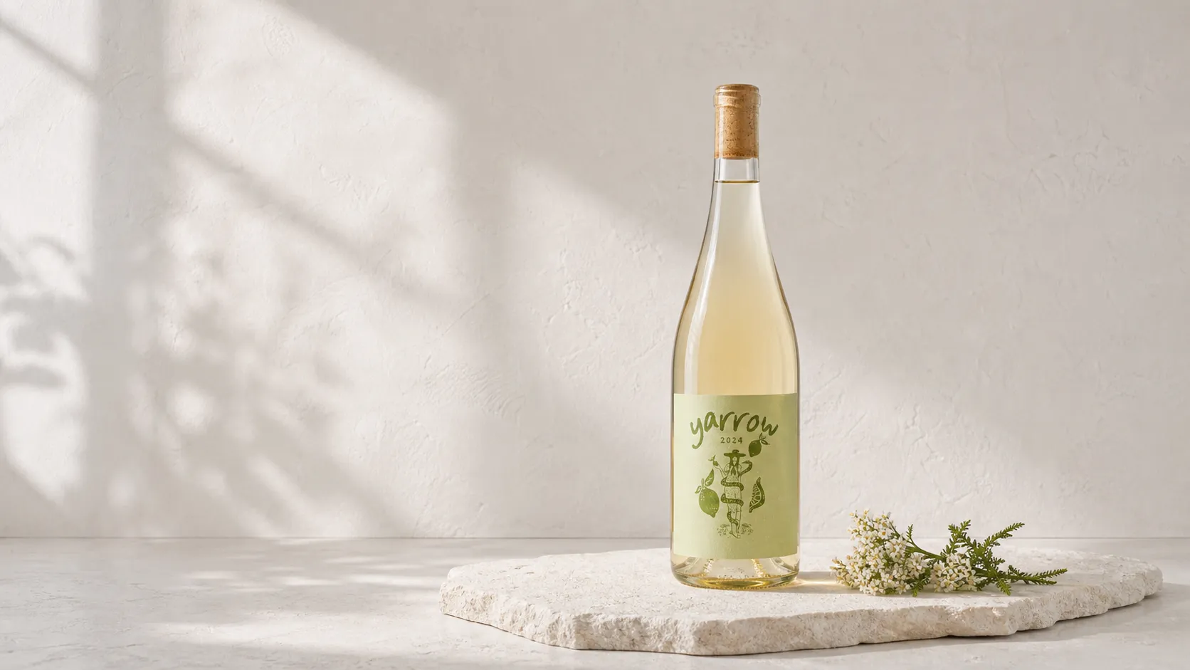Yarrow 2024 Sauvignon Blanc full bottle with a pale green illustrated label in a landscape studio photograph