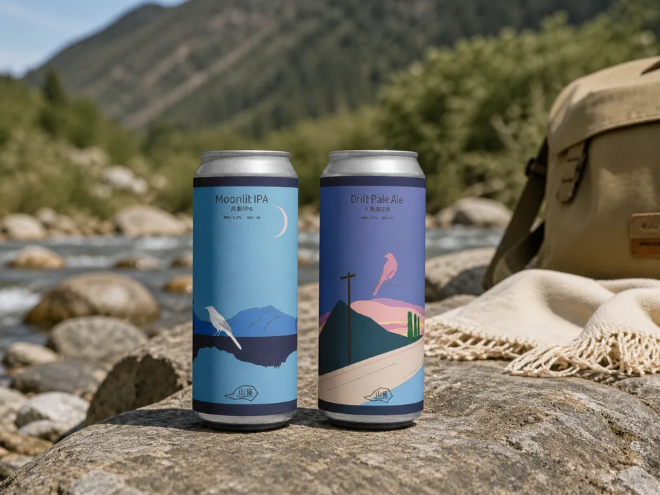 Mountain Tit beer can pair by a river