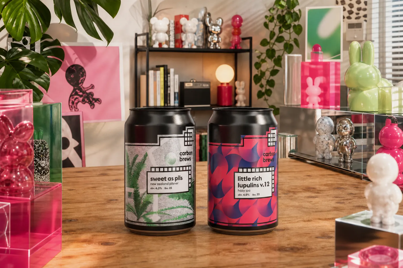 Carbon Brews cans naturally photographed in a playful studio scene