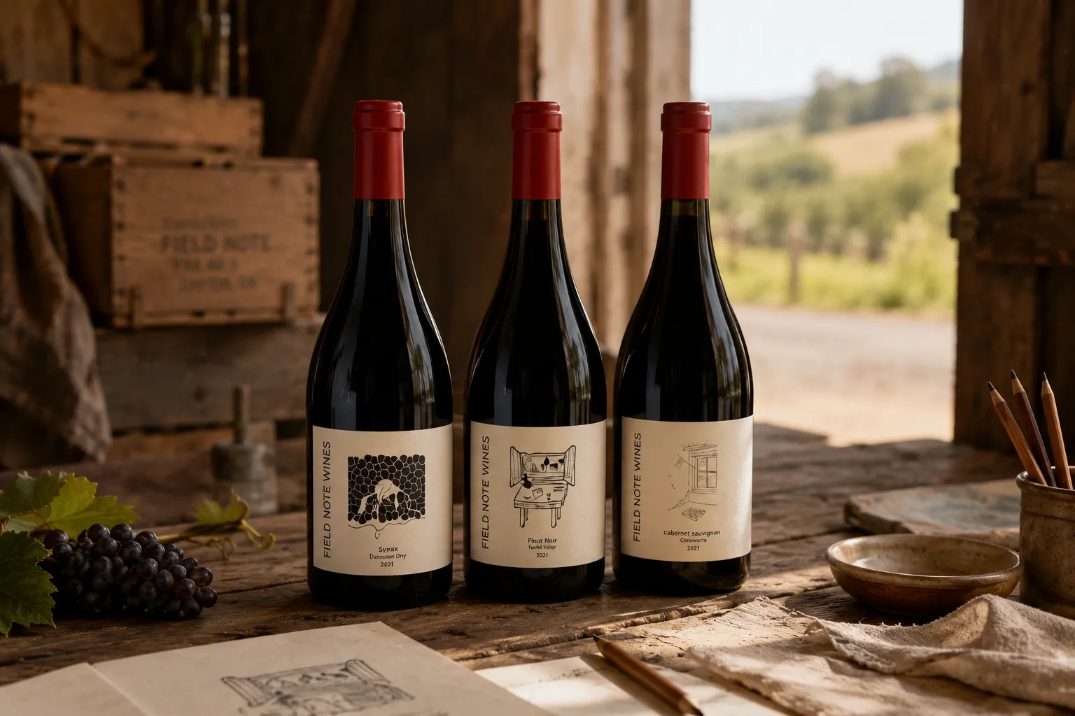 Three FIELD NOTE WINES bottles shown clearly together in a warm vineyard workroom
