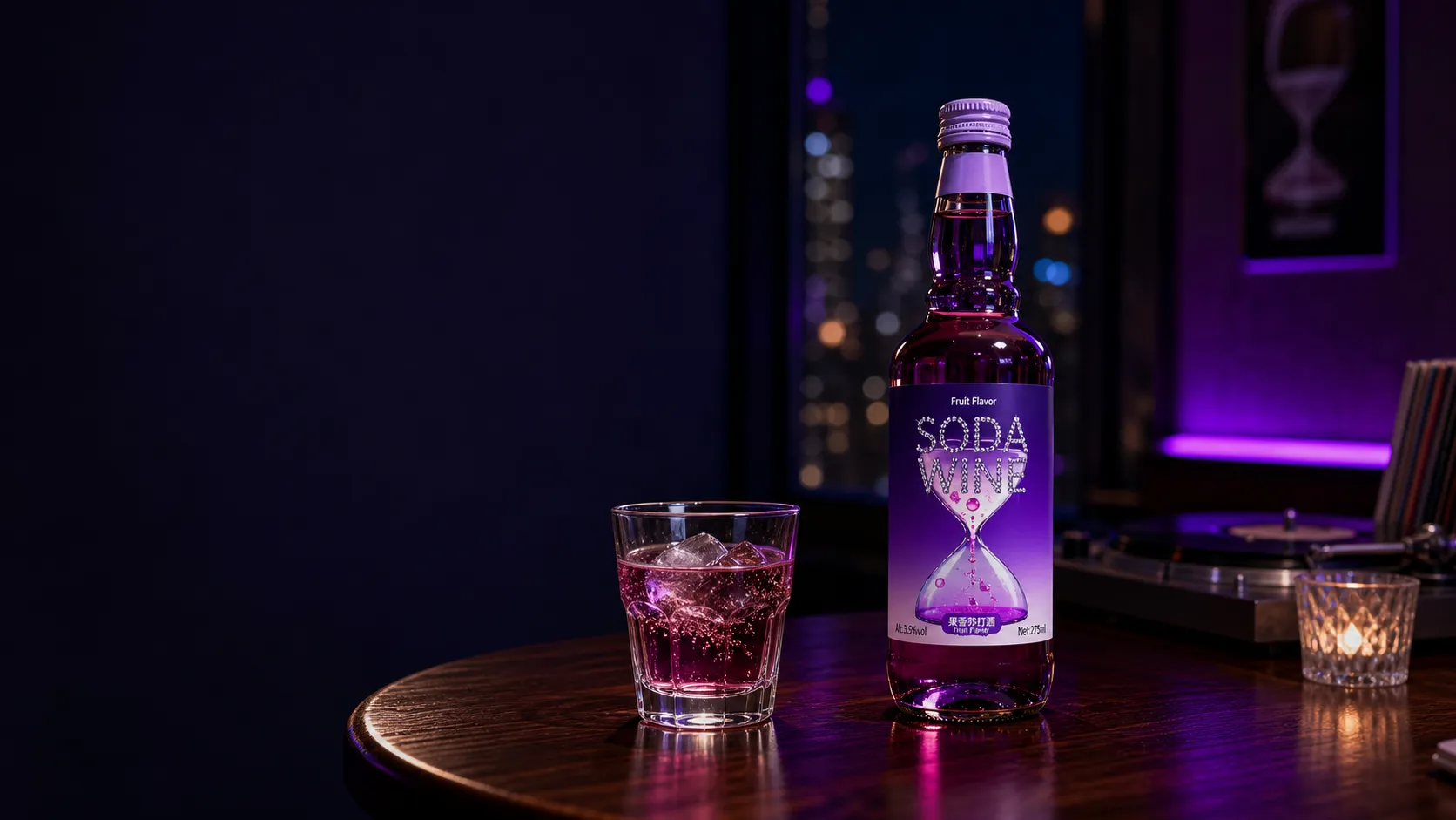 Time Impression night soda wine bottle by a window with blurred city lights outside