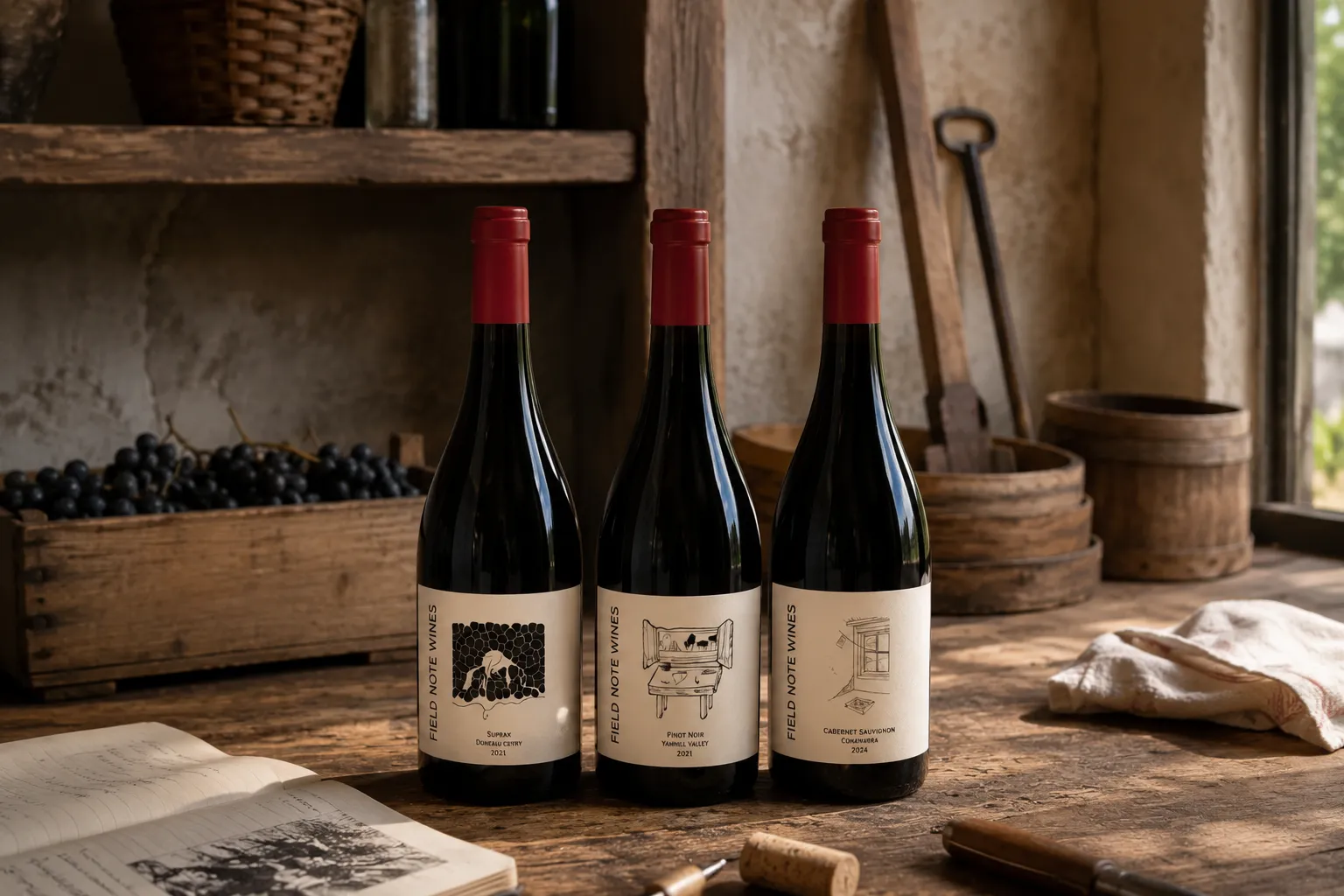 FIELD NOTE WINES Pinot Noir Shiraz and Cabernet Sauvignon bottles on a cellar worktable