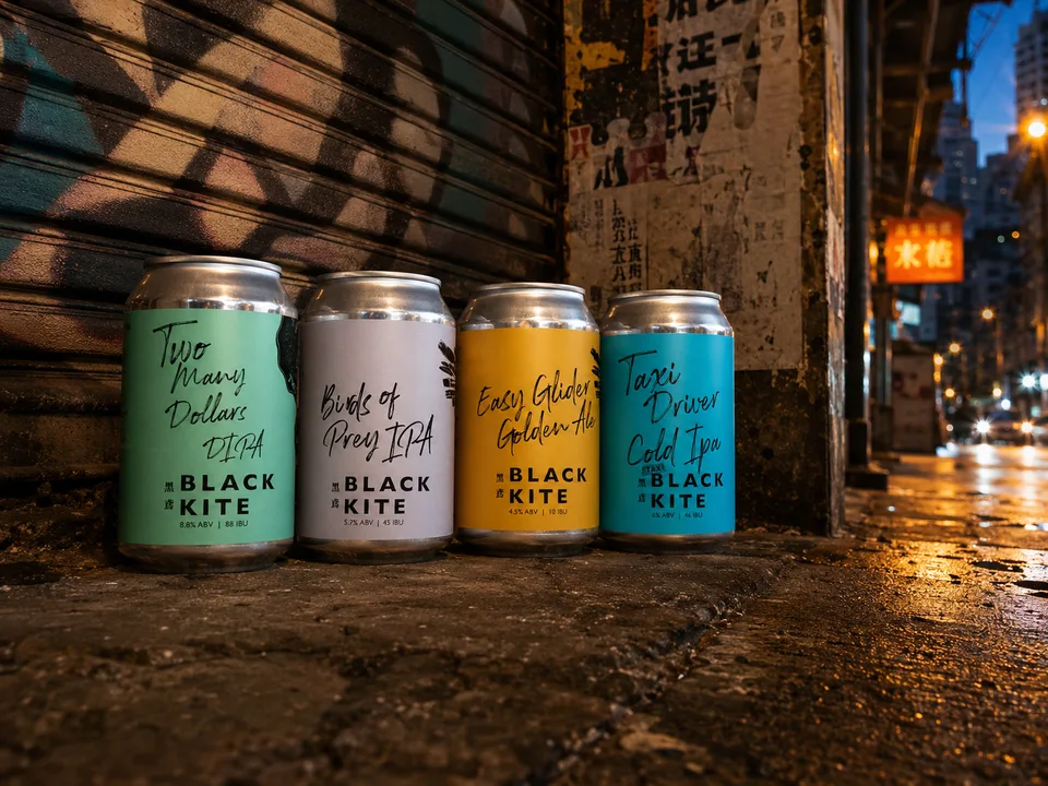 Black Kite beer series in a Hong Kong night street