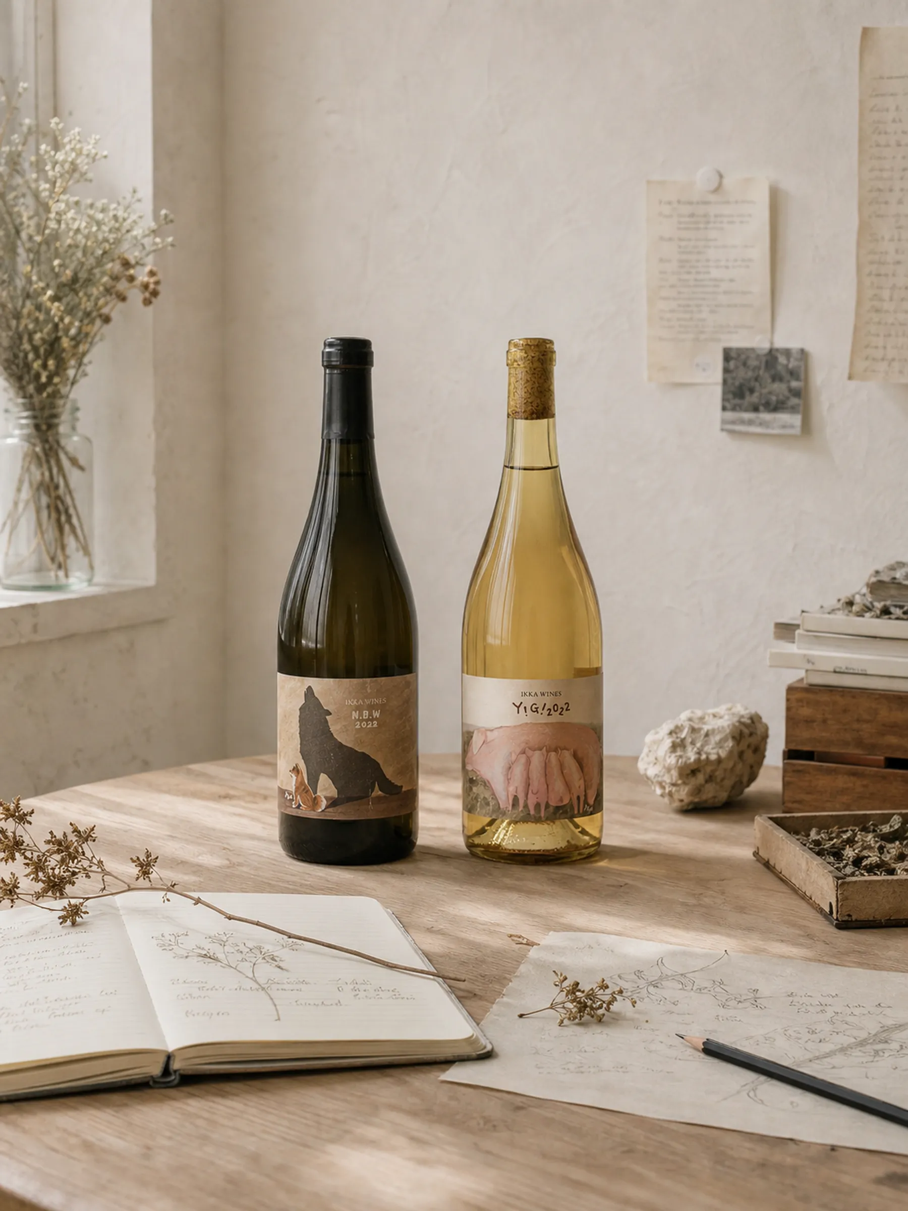 Full-bottle IKKA WINES Y!G! 2022 and N.B.W 2022 duo on a farm record worktable with pig group and dog silhouette labels