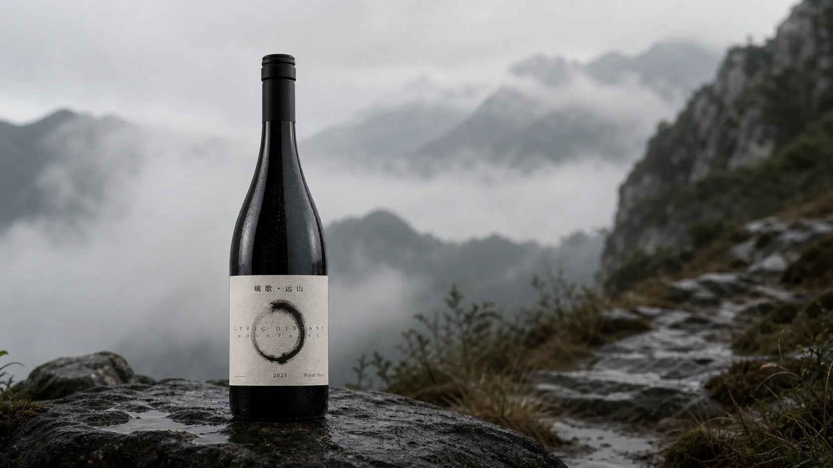 Lige Yuanshan wine bottle in a misty mountain scene