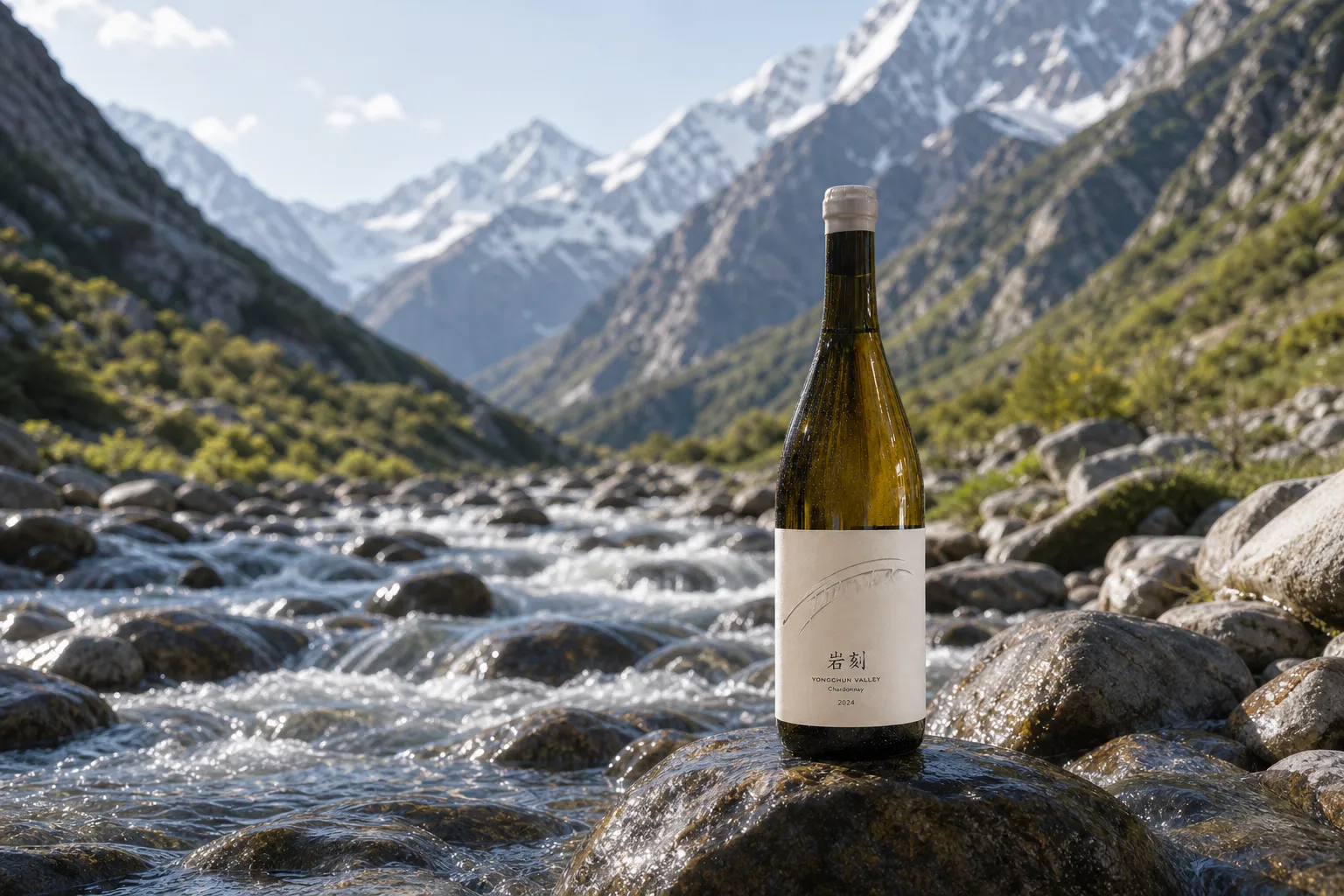 Yanker Chardonnay bottle standing on a river stone in a bright alpine valley landscape