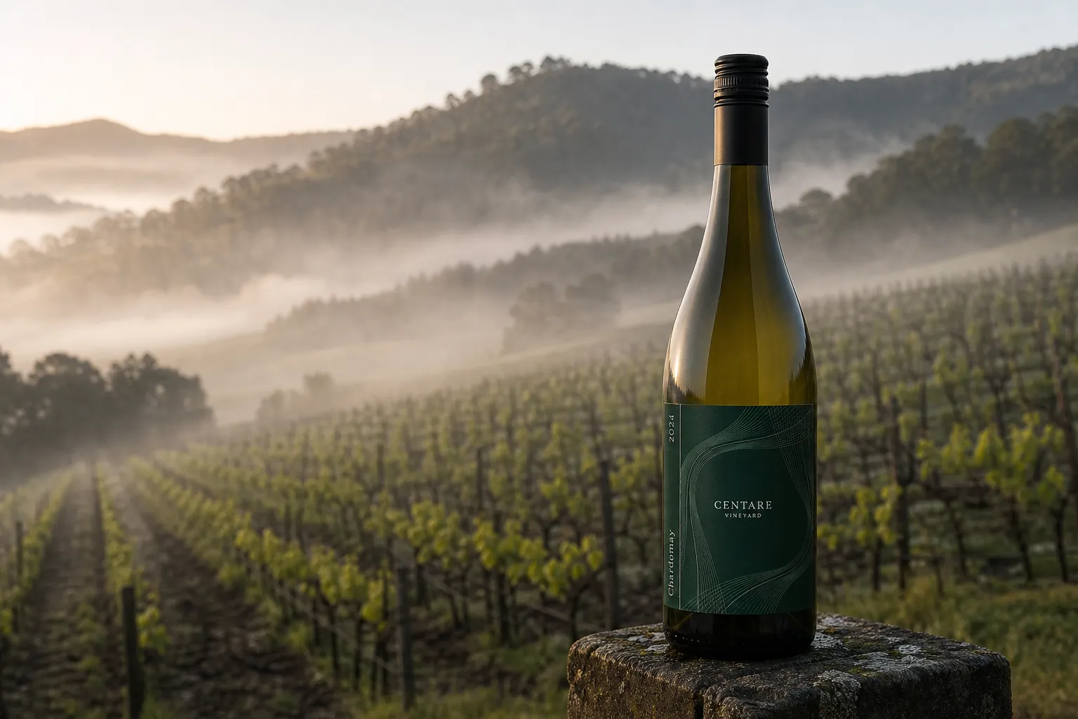 CENTARE Chardonnay bottle standing on stone above misty high-density vineyard rows in Yarra Valley