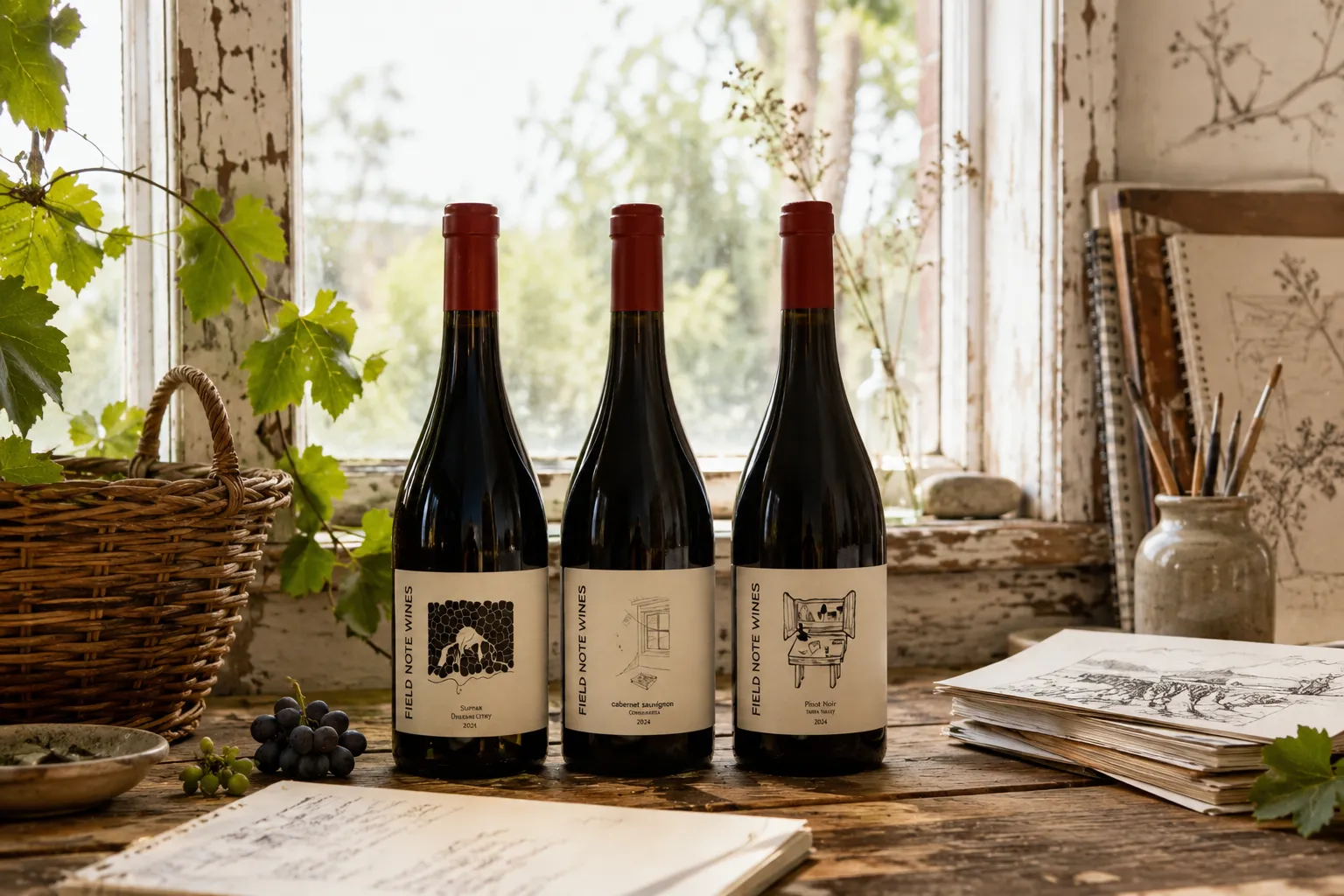 Three FIELD NOTE WINES bottles in a bright studio workroom with sketch papers and vines