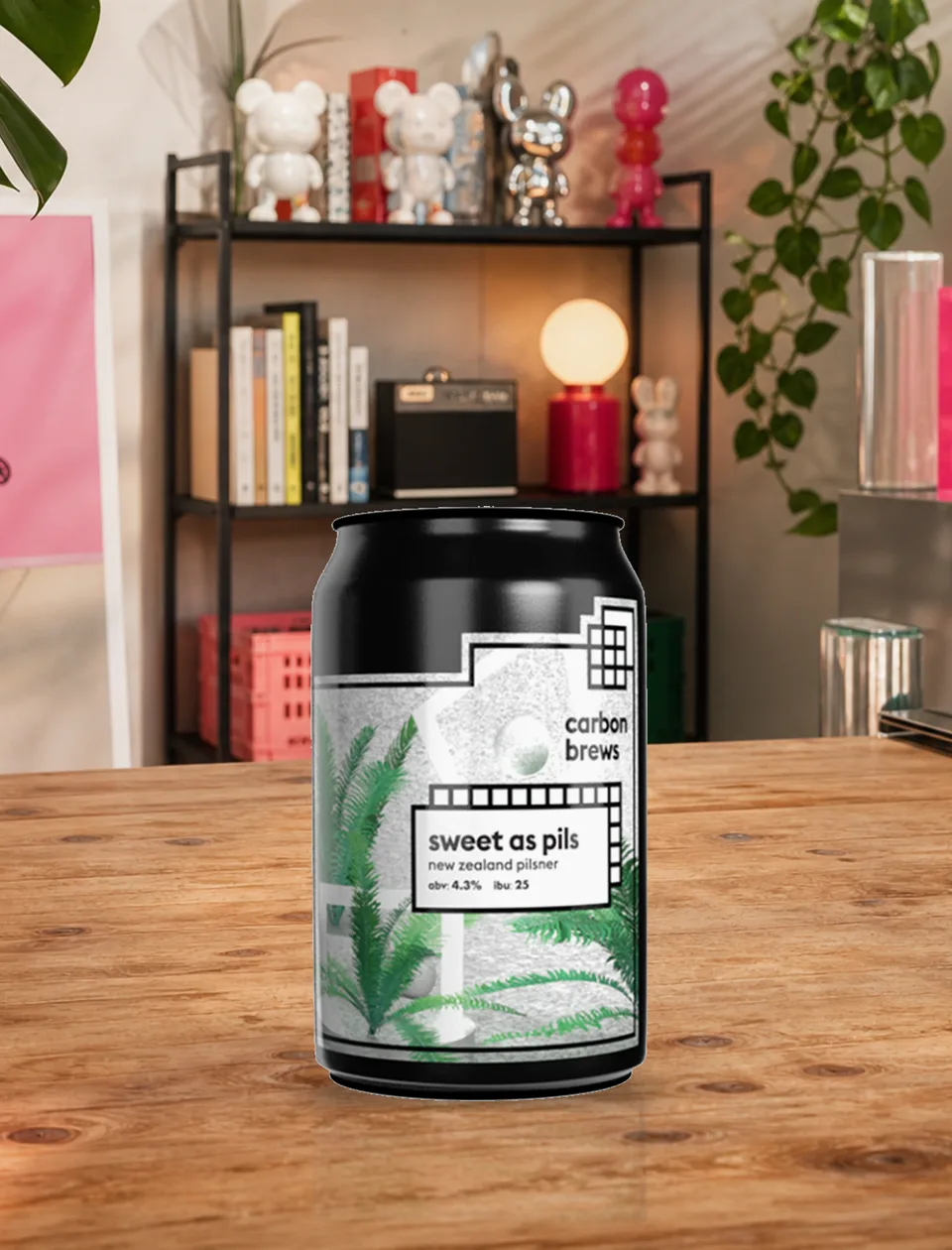 Sweet As Pils can in a pink studio setting