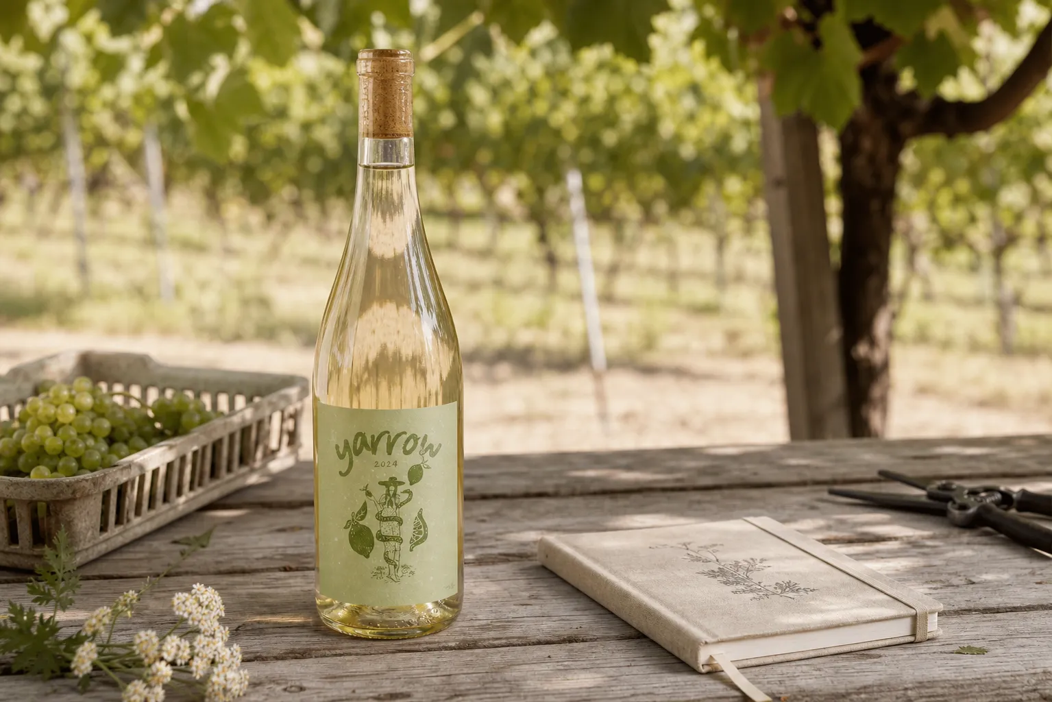 Yarrow 2024 Sauvignon Blanc bottle on a vineyard worktable with grapes, notebook and pruning shears