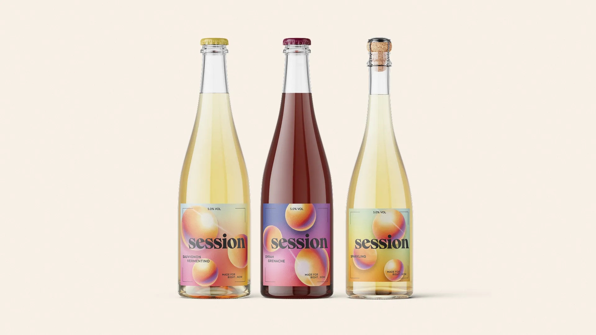 Three complete SESSION WINE bottles shown as a low-ABV wine series on a pale studio background