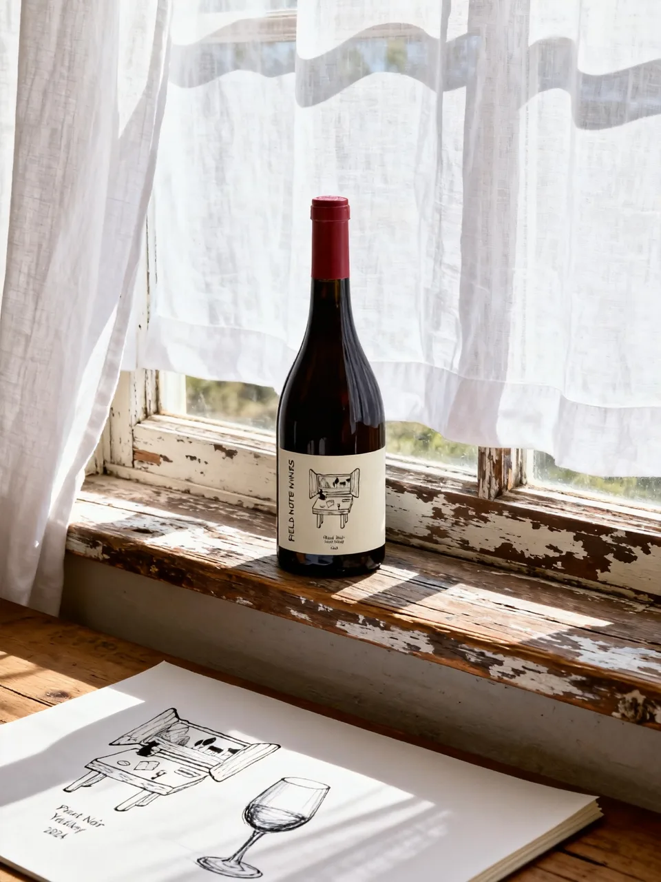 Field Note Wines bottle by a window