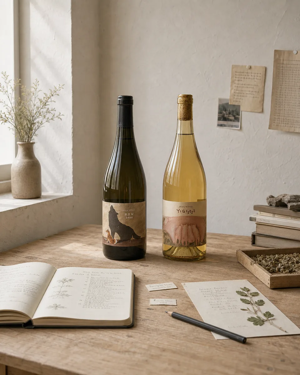 IKKA WINES bottles on a worktable