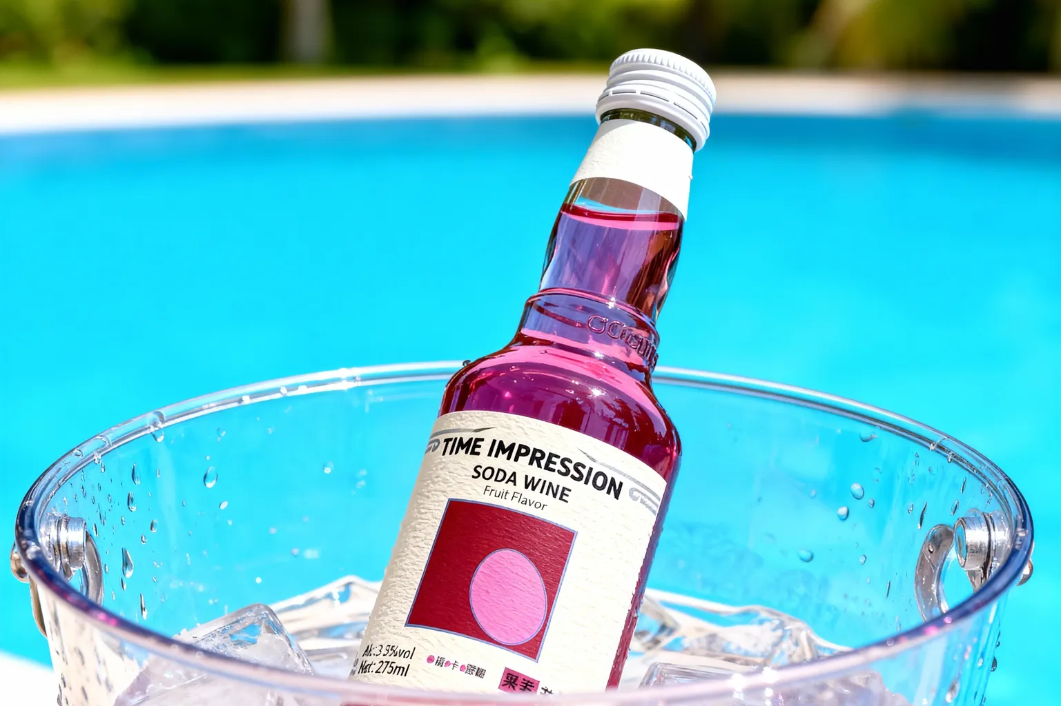 Time Impression soda wine bottle resting in a clear ice bucket by a bright blue pool