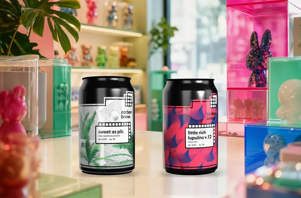 Carbon Brews packaging acrylic display