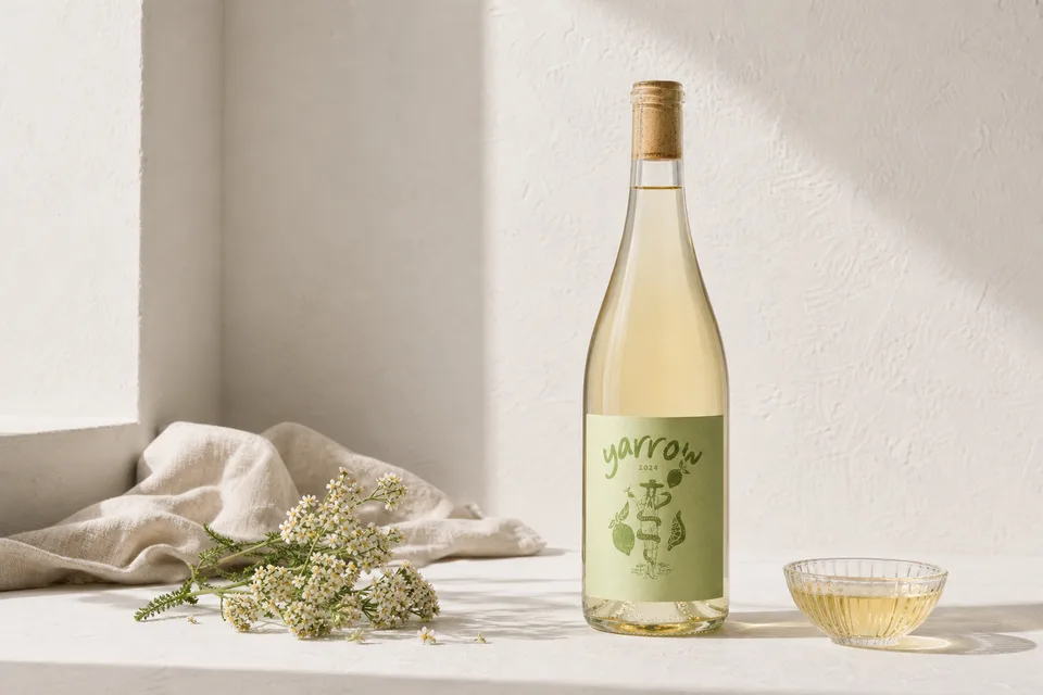 Yarrow bottle in a restrained studio