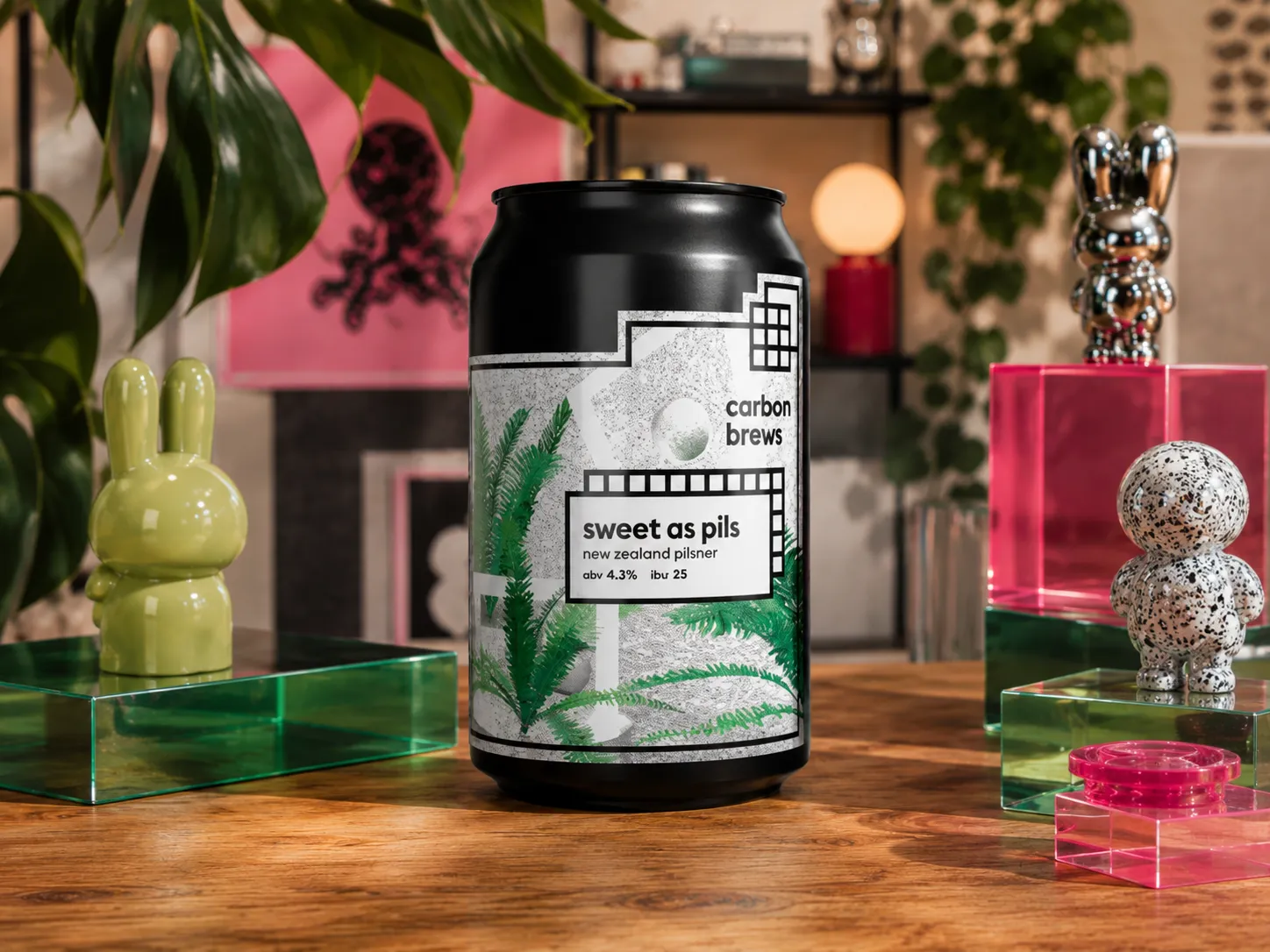 Carbon Brews Sweet As Pils can shown close in a colorful studio setting