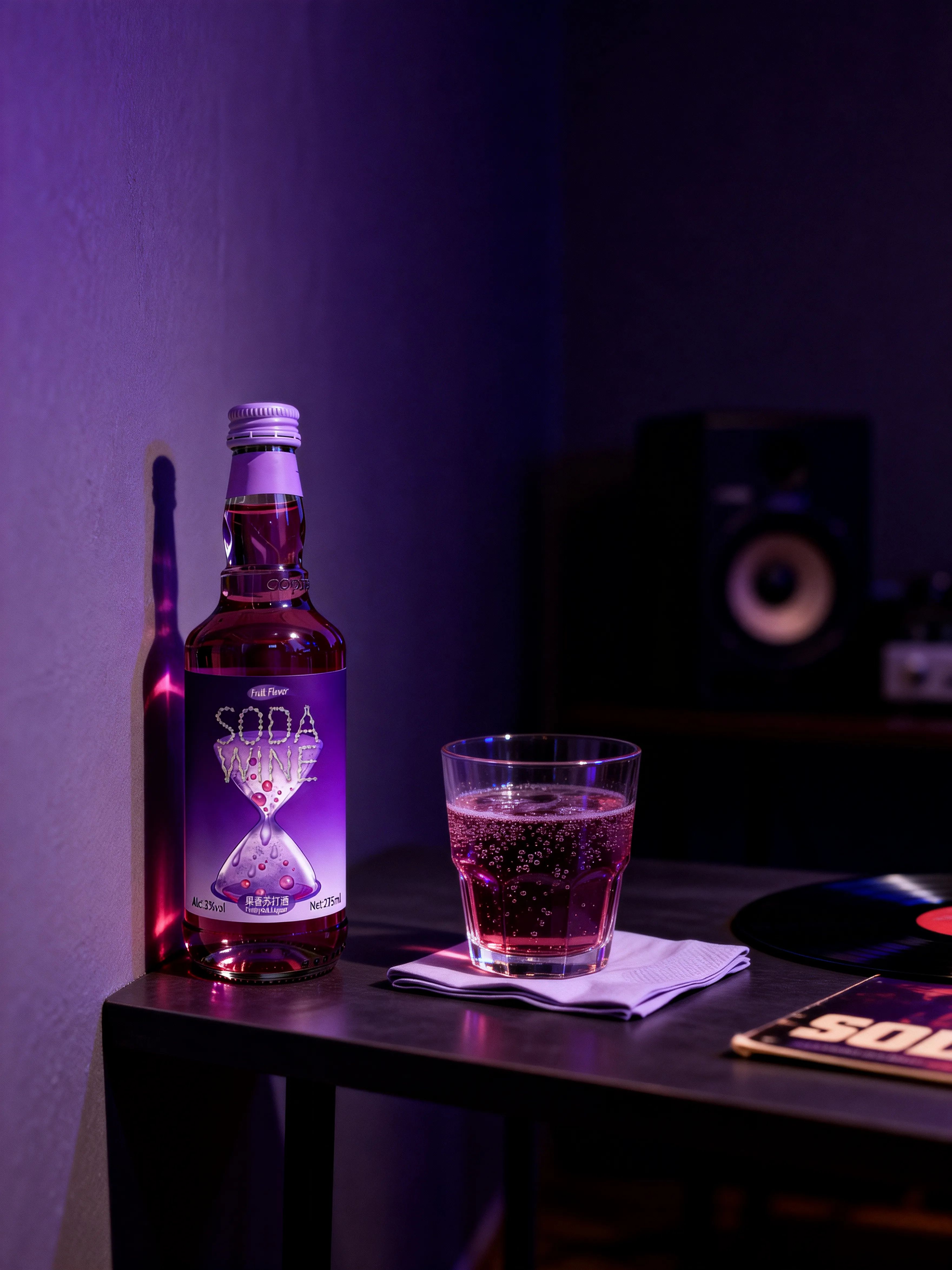 Time Impression night bottle and glass on a quiet dark table beside audio equipment