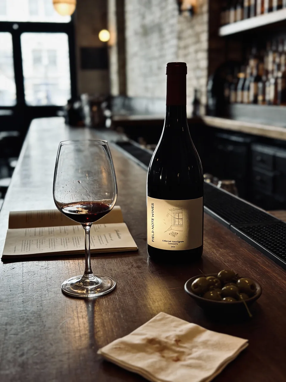 Field Note Wines bottle on a bar counter