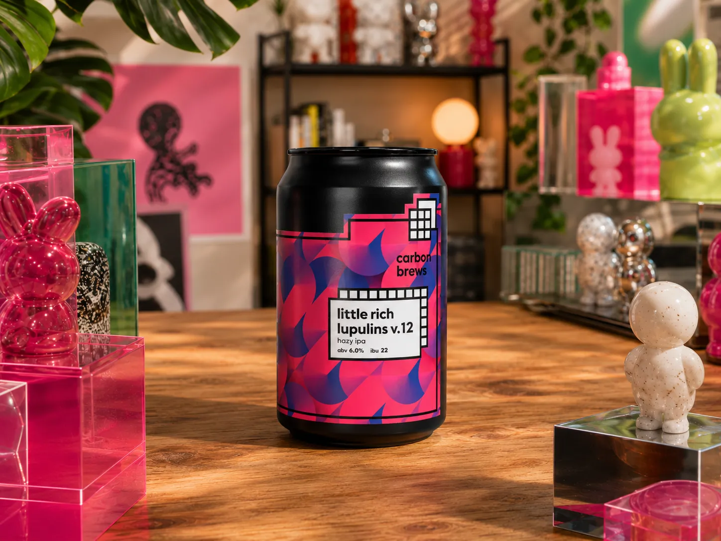 Carbon Brews Little Rich Lupulins v.12 can shown close in a colorful studio setting
