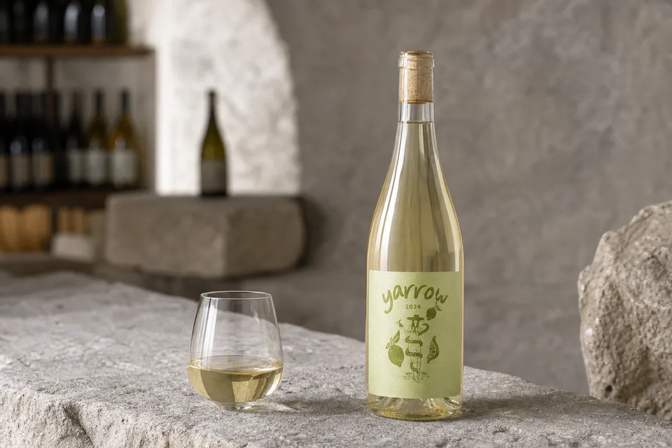 Yarrow bottle on a stone cellar table