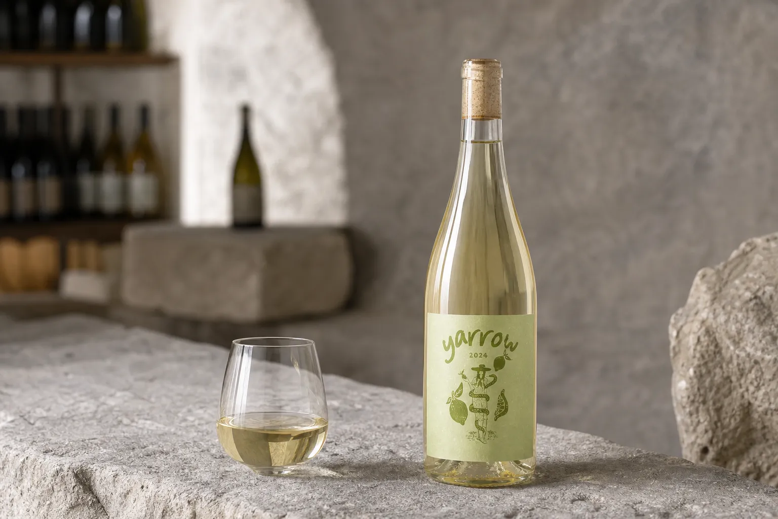 Yarrow 2024 Sauvignon Blanc bottle and tasting glass on a cool stone cellar table