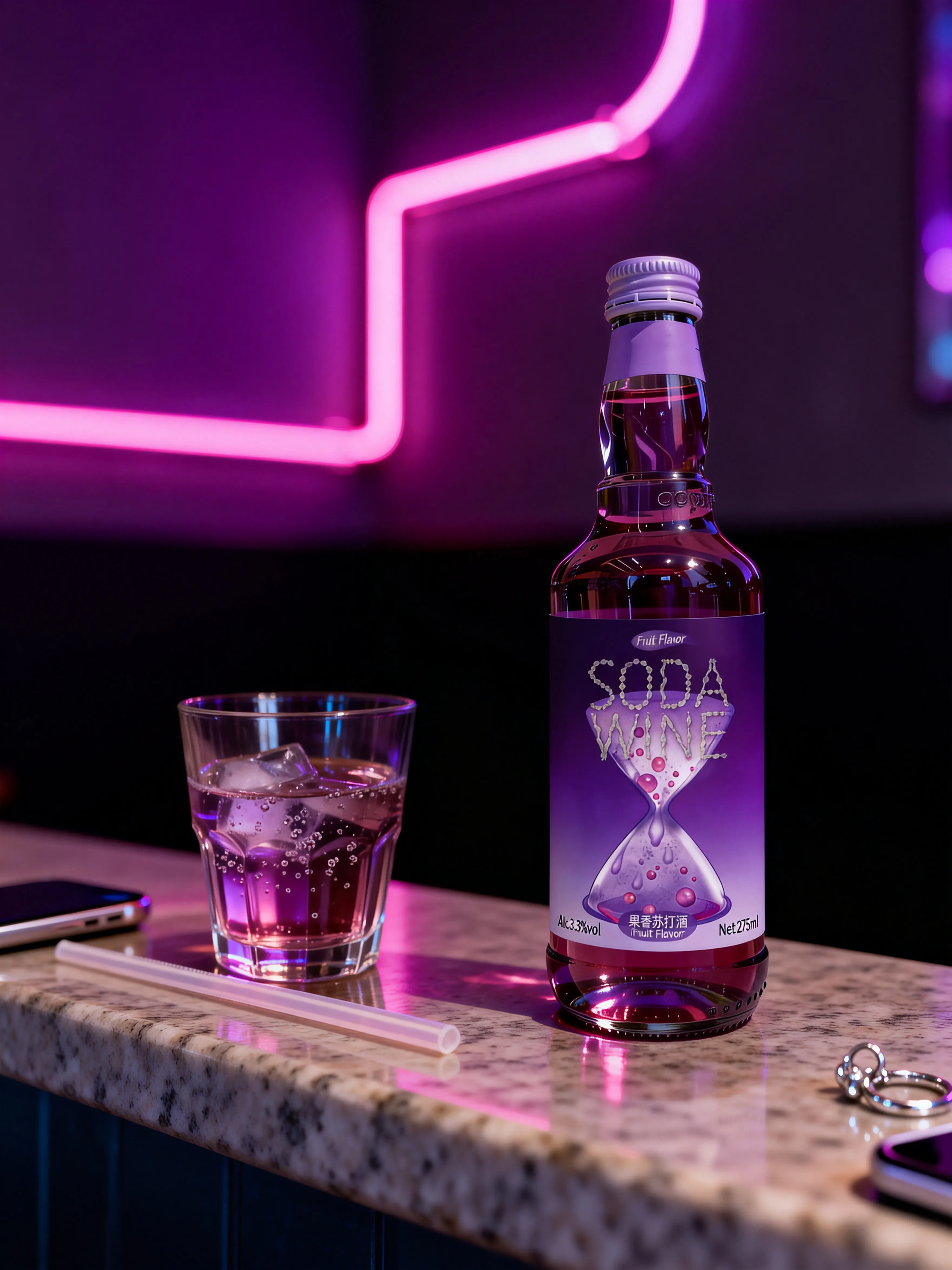 Time Impression soda wine bottle and glass in a purple-lit interior with soft neon line