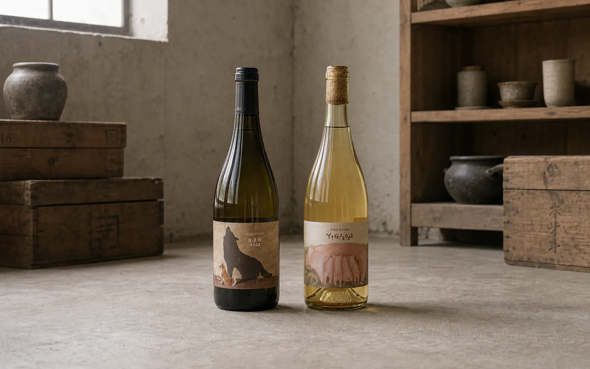 IKKA WINES Y!G! and N.B.W bottles shown fully in a quiet Japanese storage room with restrained natural light