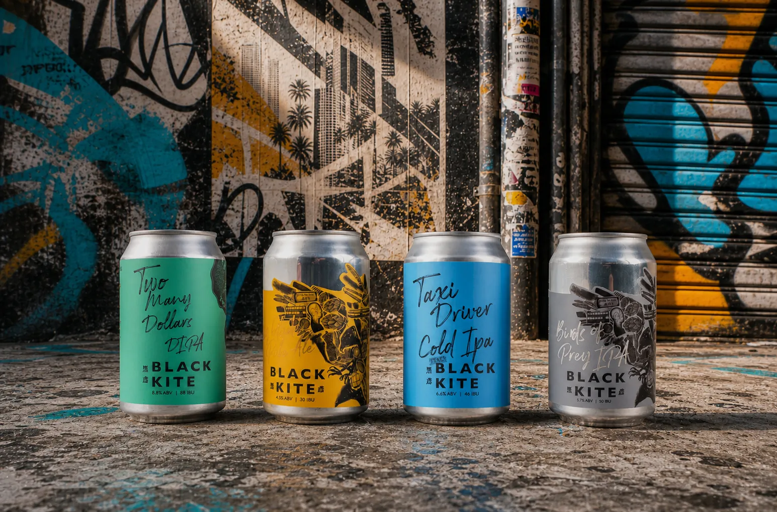 Black Kite can series grounded in a Hong Kong graffiti street