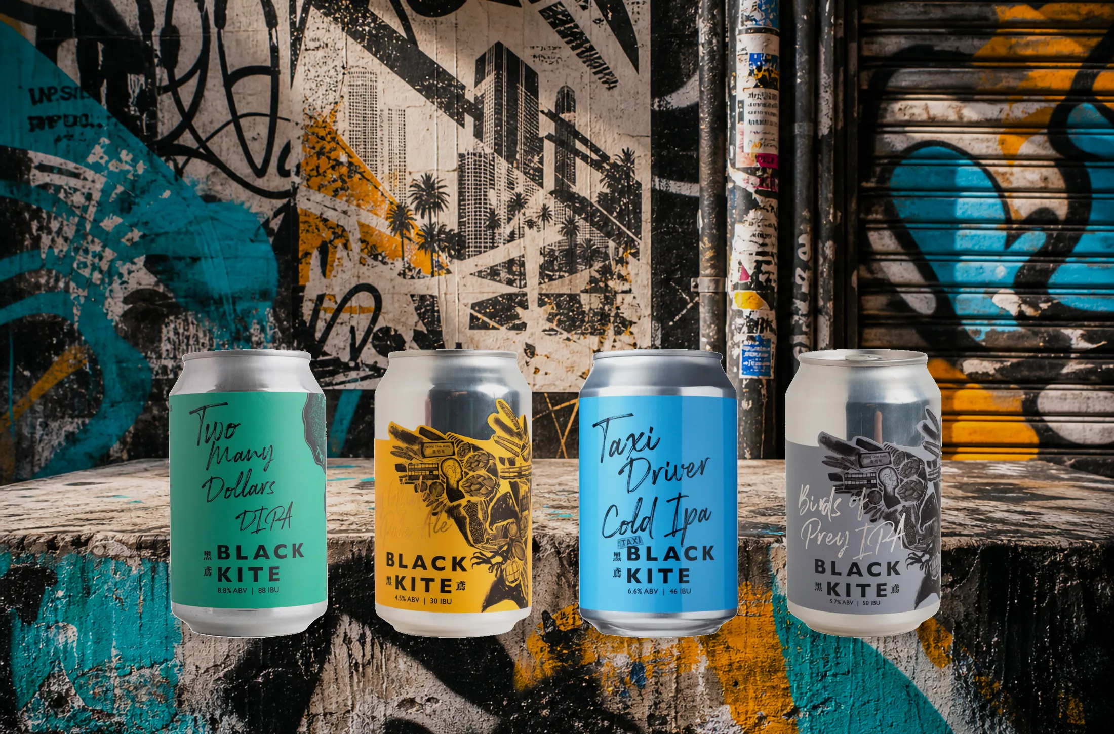 Black Kite four-can craft beer series shown against a graffiti wall