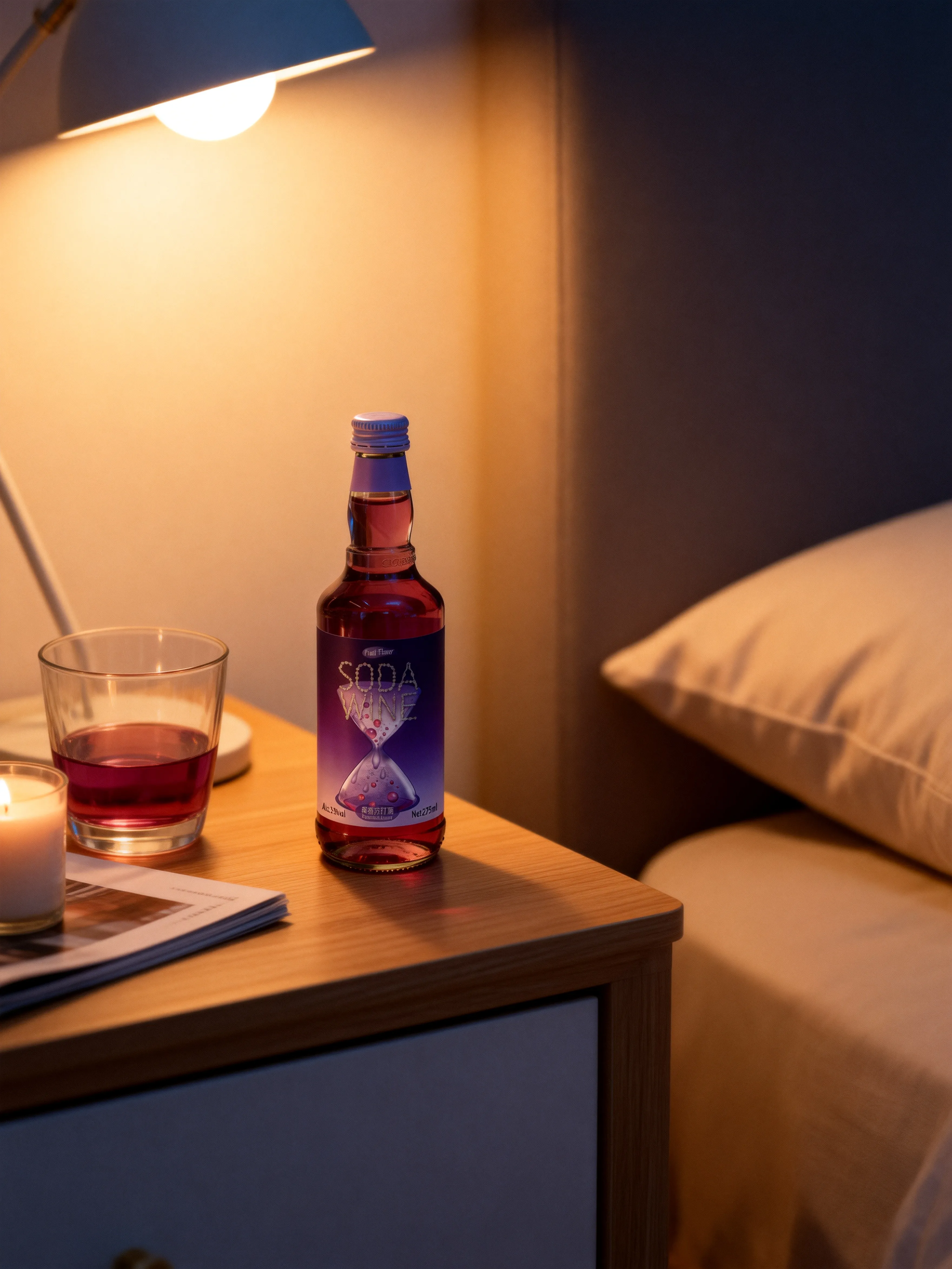 Time Impression bottle and glass on a bedside table with warm lamp light