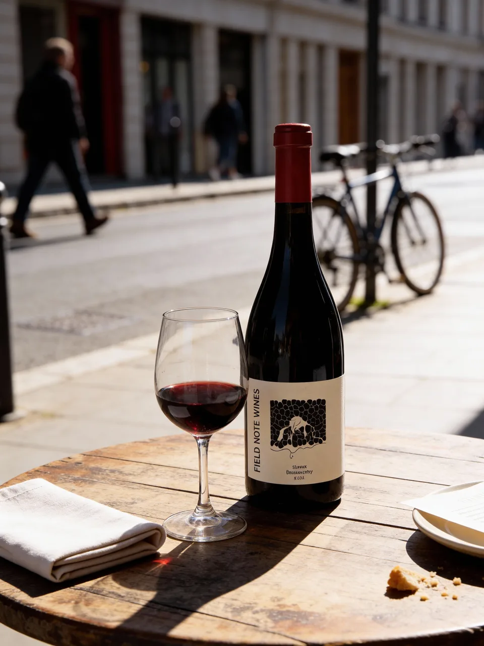 Field Note Wines bottle on a street table