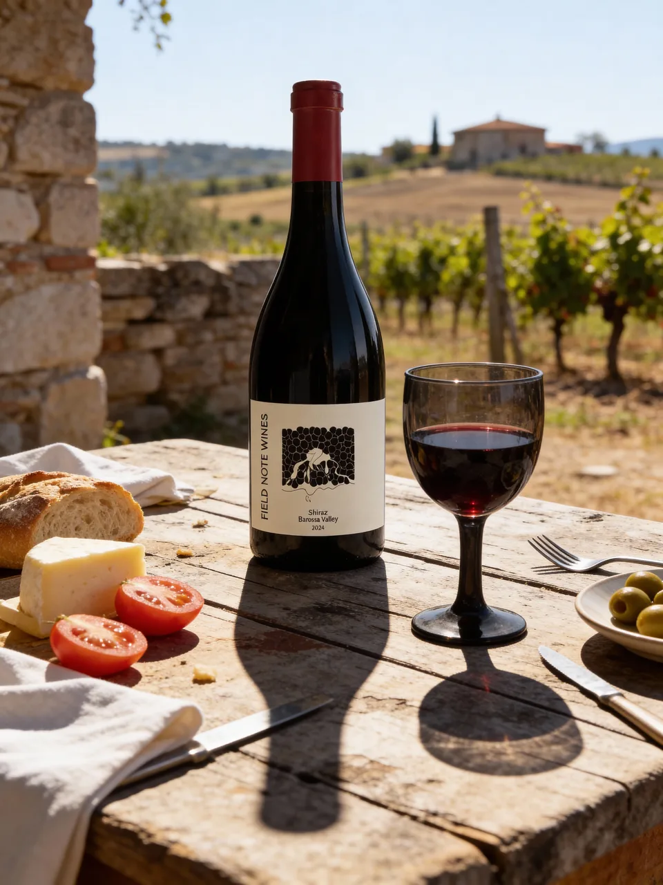 Field Note Wines bottle at a vineyard table