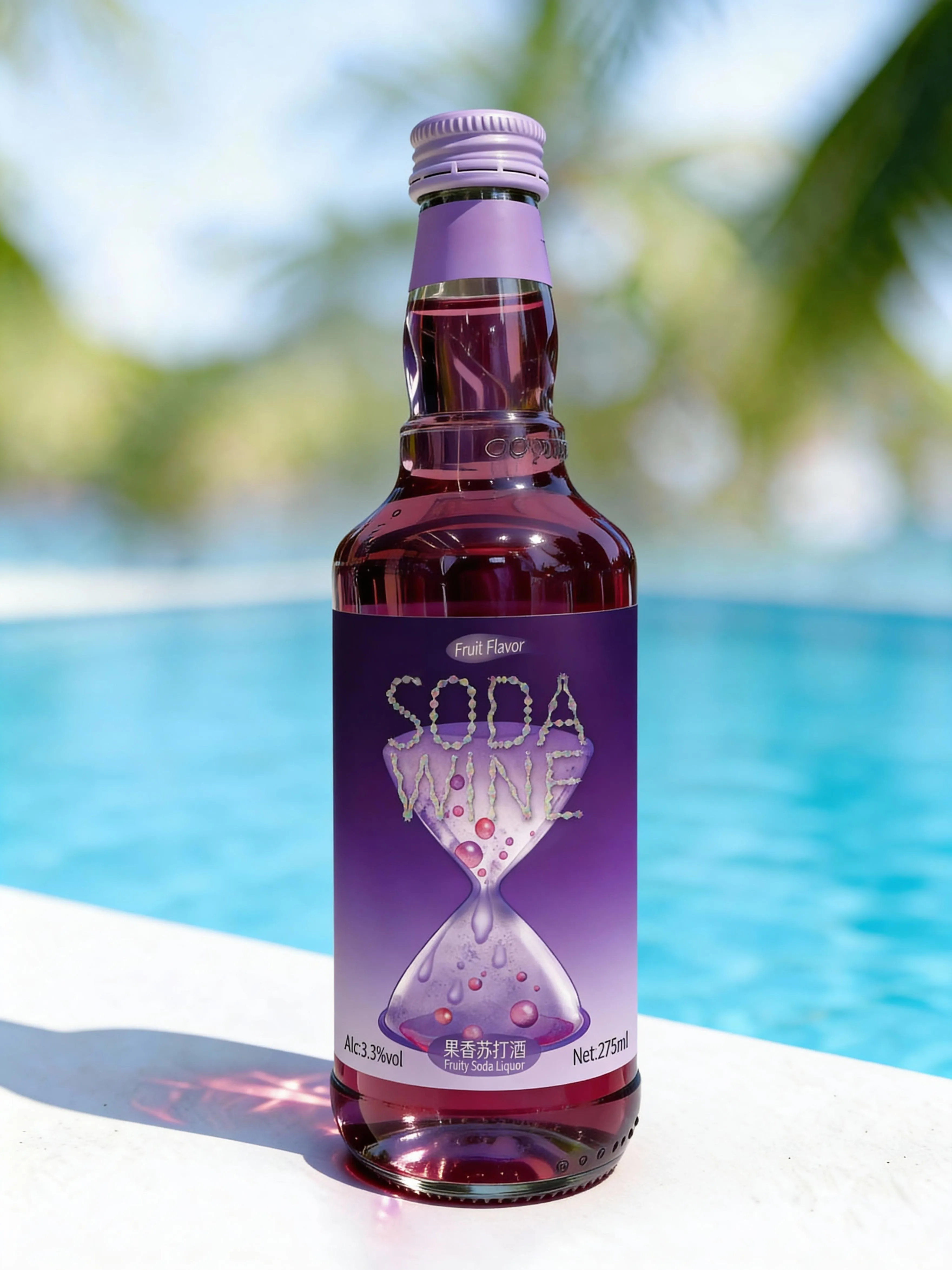 Time Impression night soda wine bottle photographed in bright poolside daylight