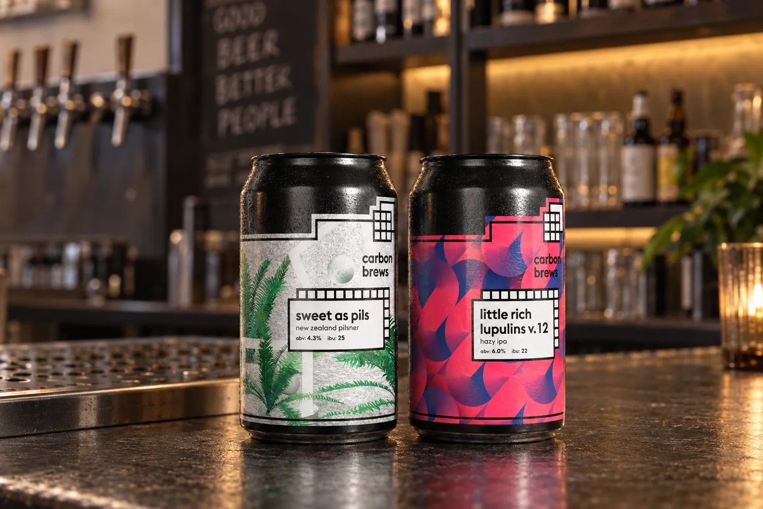 Carbon Brews beer pair photographed on a real Hong Kong bar counter