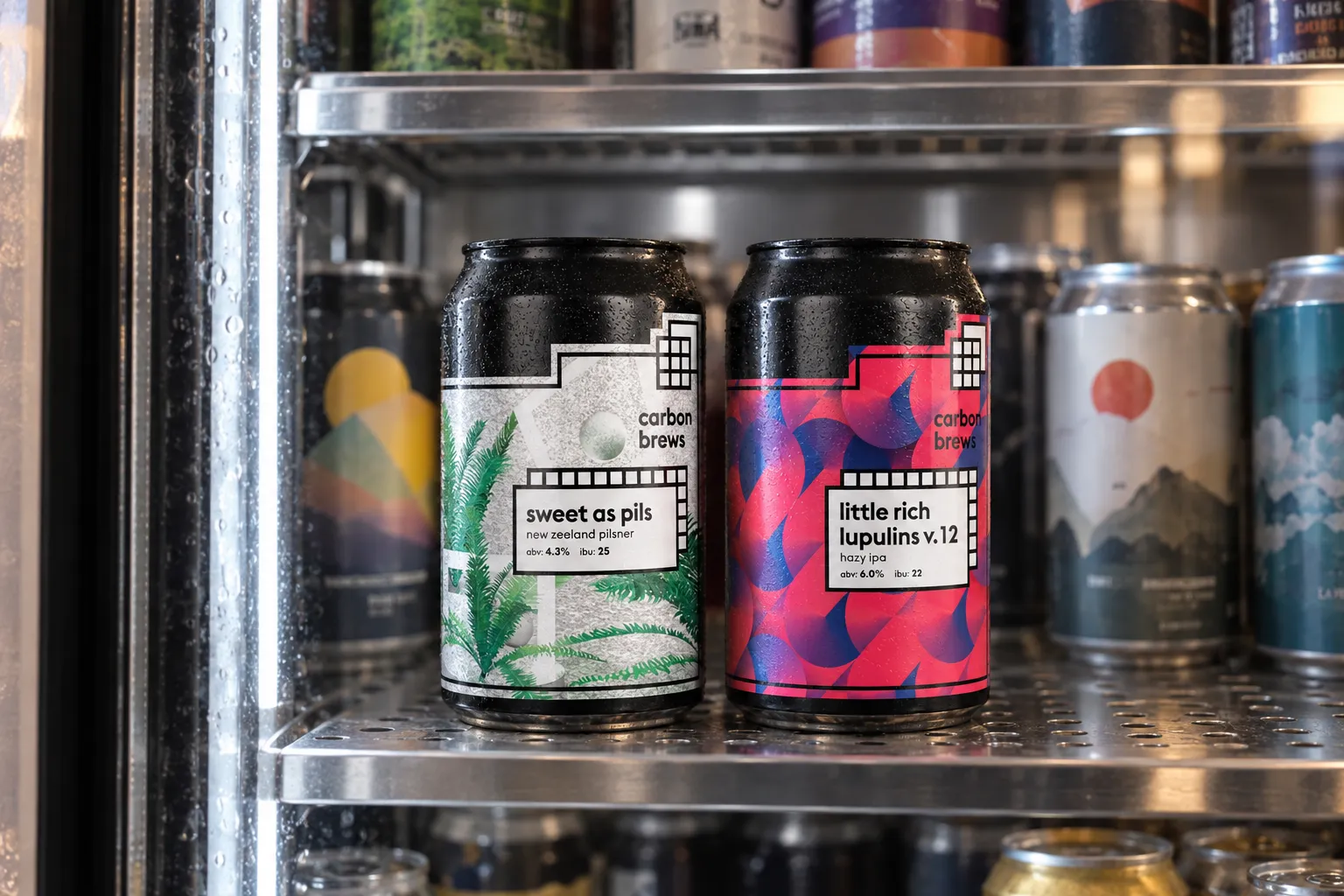 Carbon Brews Sweet As Pils and Little Rich Lupulins v.12 photographed naturally inside an independent Hong Kong bottle-shop refrigerator