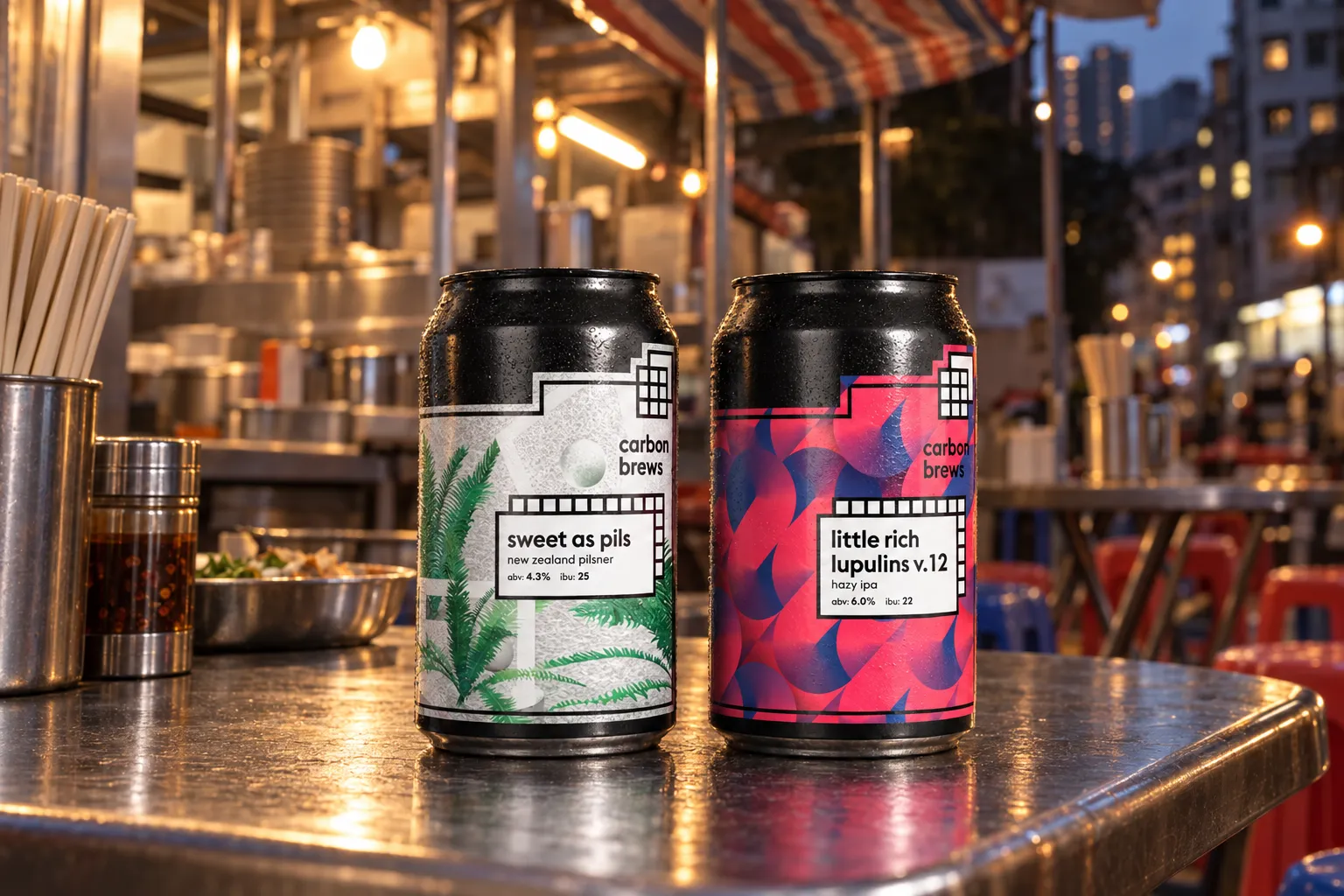 Carbon Brews Sweet As Pils and Little Rich Lupulins v.12 on a stainless-steel table at a Hong Kong dai pai dong