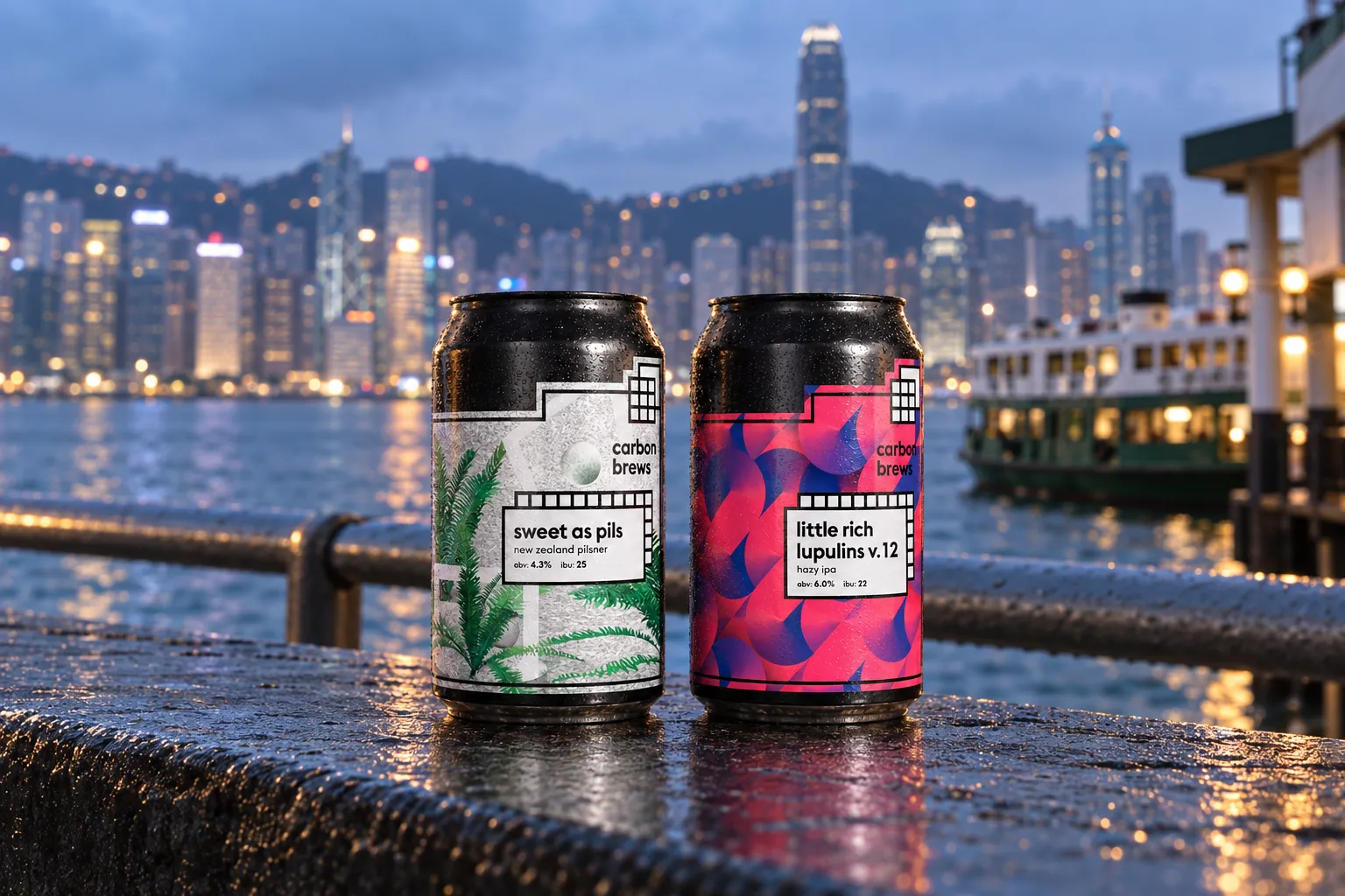 Carbon Brews Sweet As Pils and Little Rich Lupulins v.12 beside Hong Kong harbour at blue hour