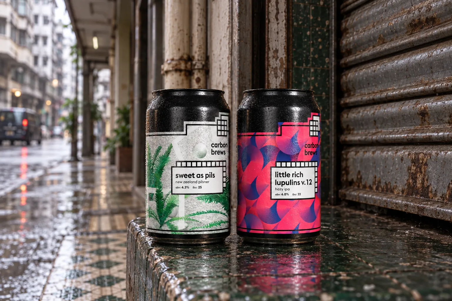 Carbon Brews Sweet As Pils and Little Rich Lupulins v.12 on a tiled ledge beside an old Hong Kong tong lau shutter