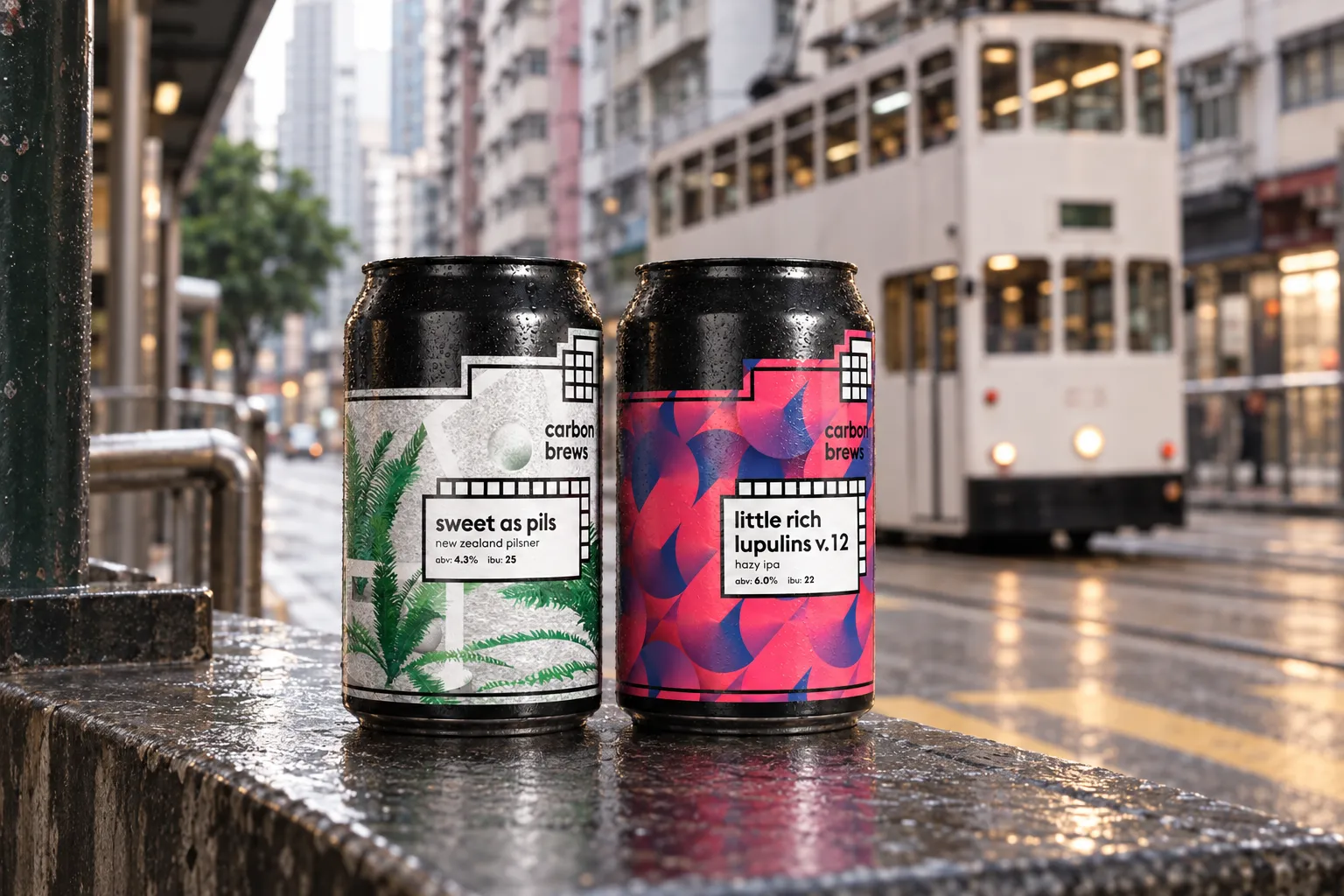 Carbon Brews Sweet As Pils and Little Rich Lupulins v.12 on a wet Hong Kong tram-street ledge