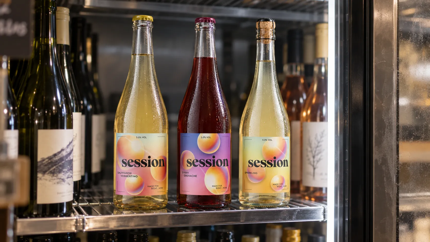 Three complete SESSION WINE bottles standing on a used refrigerated shelf in an independent wine shop