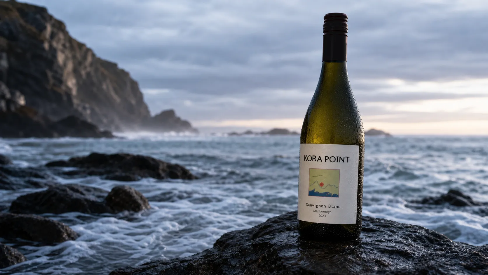 KORA POINT Sauvignon Blanc bottle fully visible on a wet coastal rock with the sea and cliffs behind it
