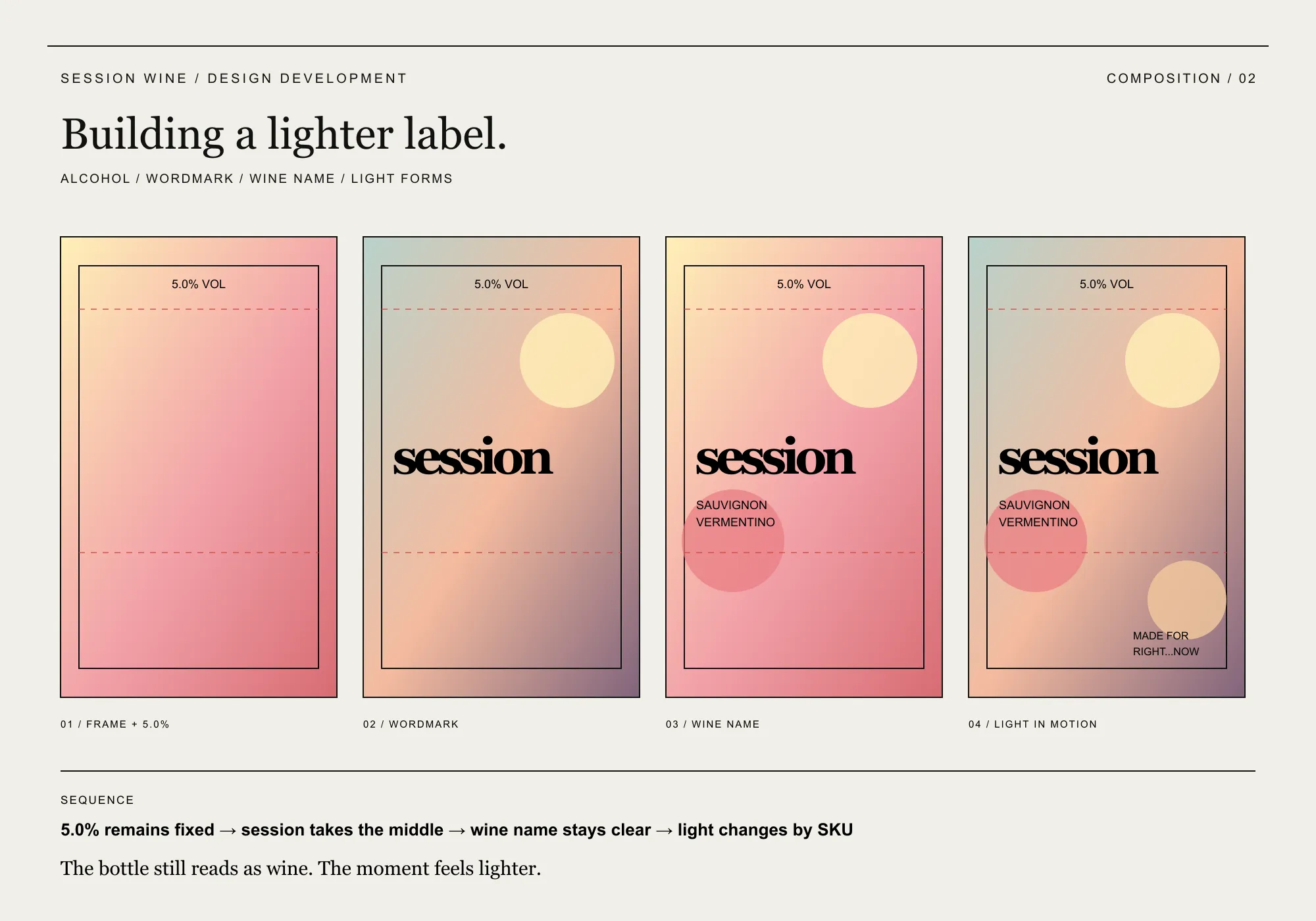 SESSION WINE label built from alcohol information to wordmark, wine name and moving light forms