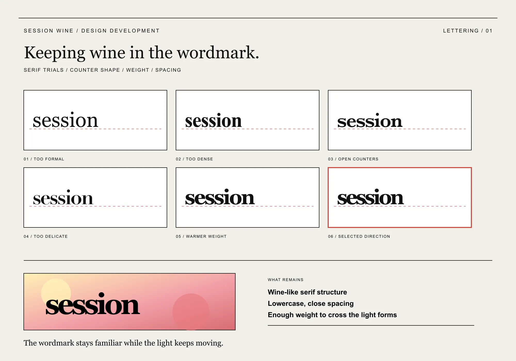 SESSION WINE wordmark trials testing serif structure, counter shape, weight and spacing