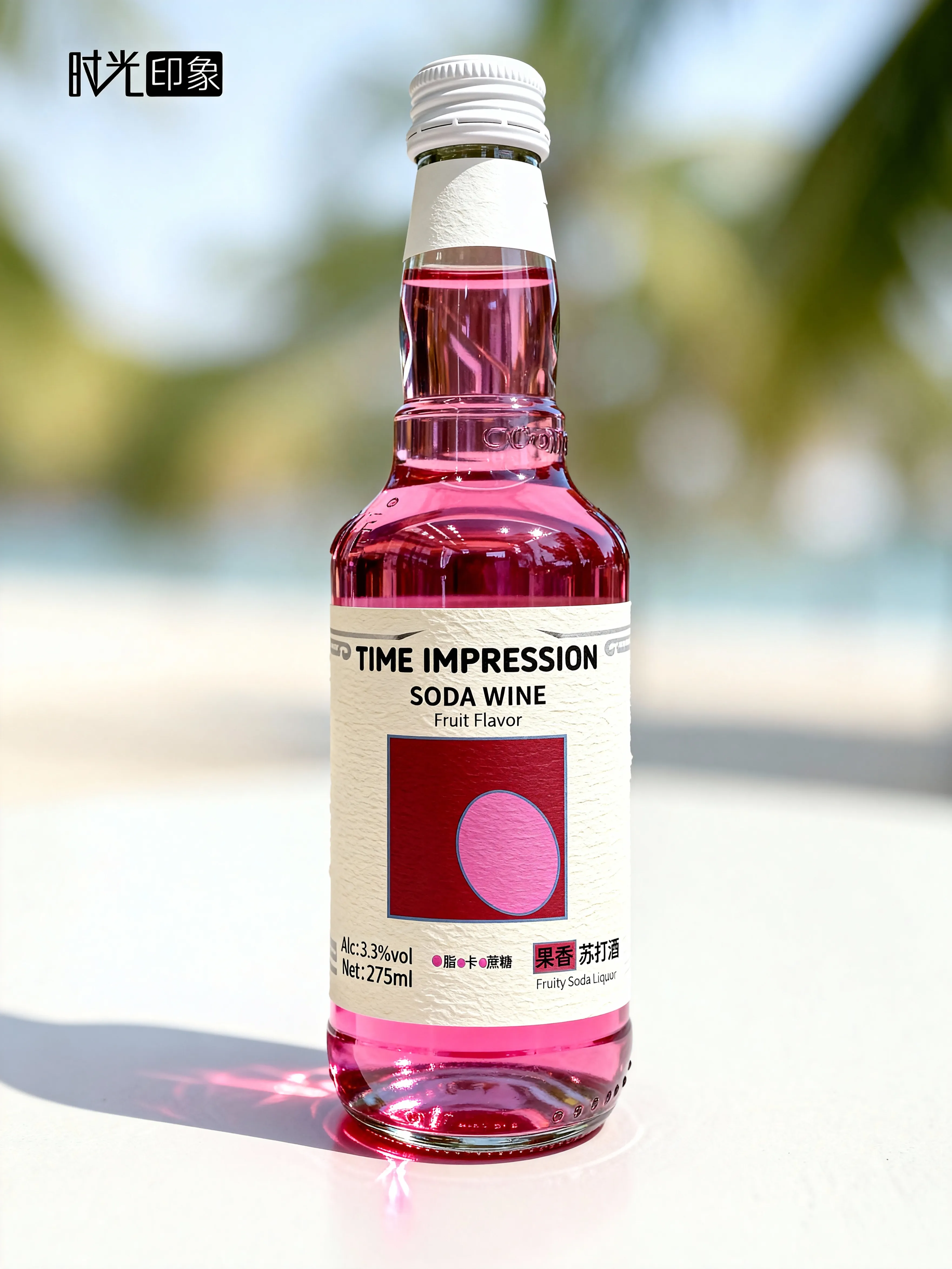 Original Time Impression bottle photography showing the cream label and pink soda wine
