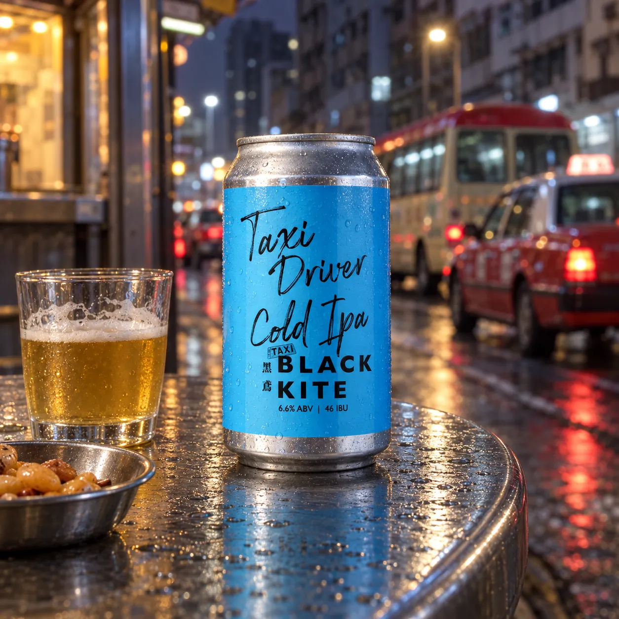 Black Kite Taxi Driver Cold IPA on a rain-damp street table beside Hong Kong taxis and a minibus
